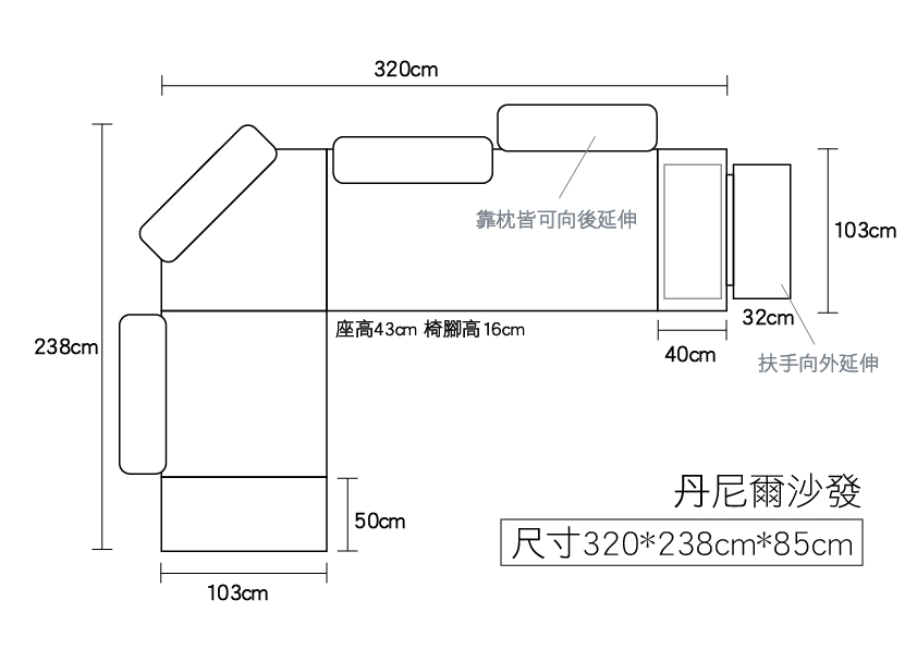 丹尼爾牛皮沙發尺寸規格